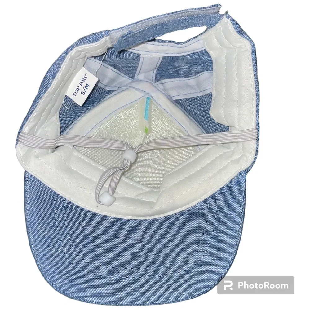 LIKE NEW Top Paw Denim Stripe Fabric Dog Hat and Backpack Set Size S/M